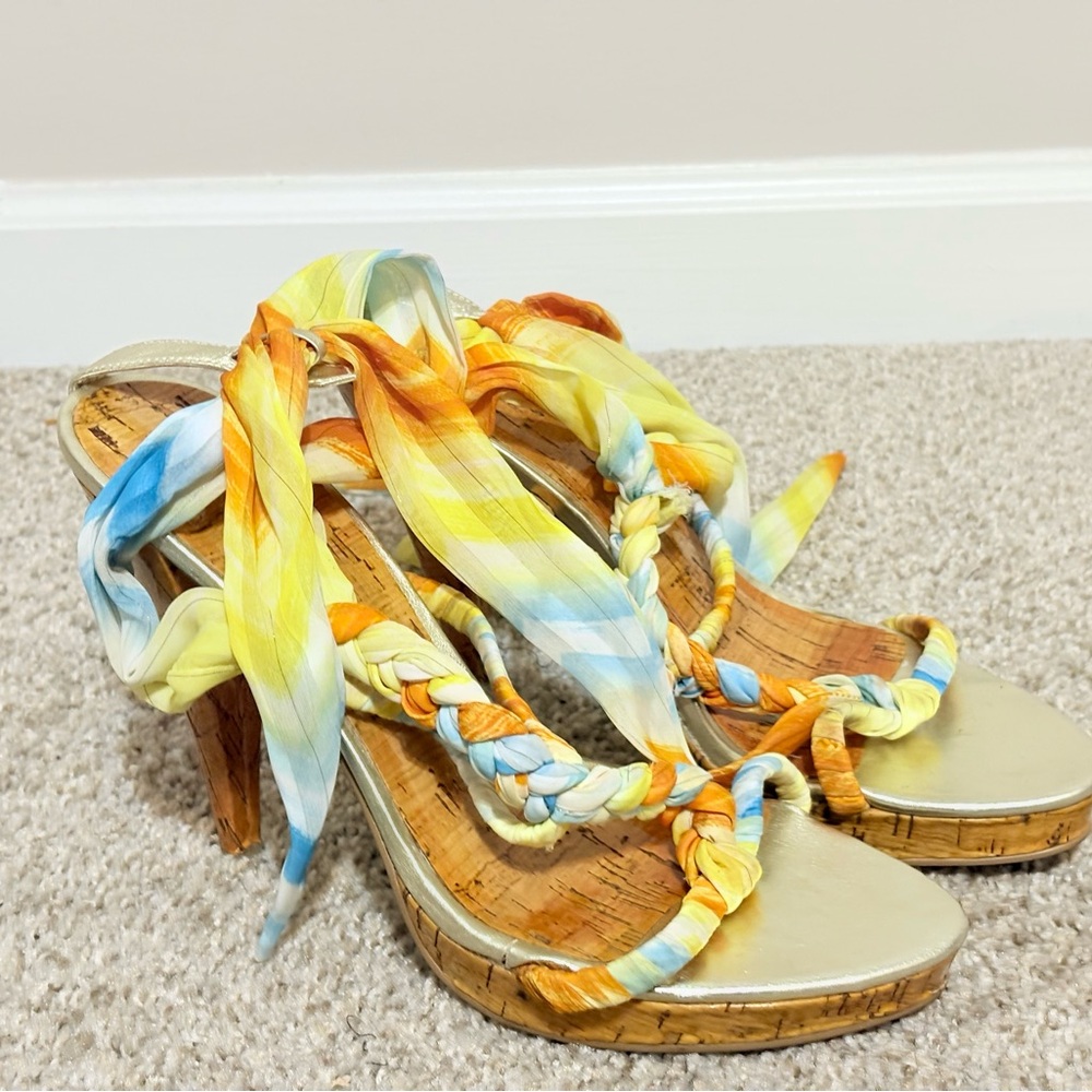 Yellow and Orange Heels with Comfortable Footbed and Stylish Straps